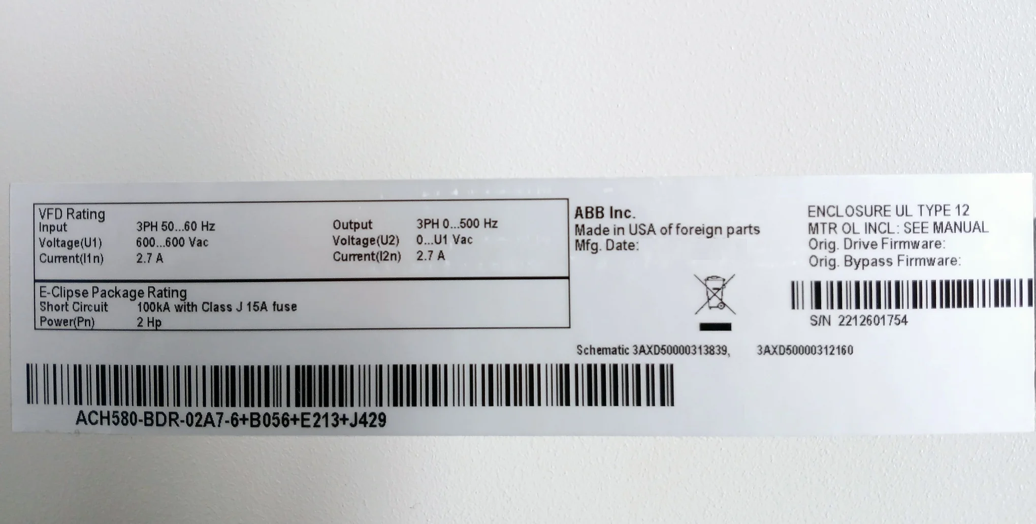Abb Ach580-bdr-02A7-6+B056+E213+J429 Variable Frequency Drive With Bypass 600Vac - Image 13