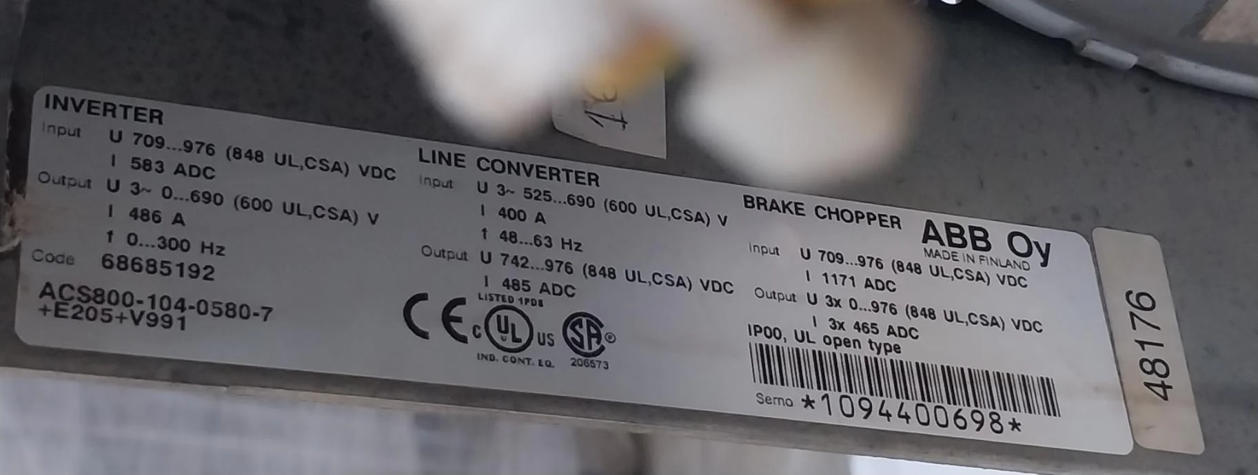 Abb Acs800-104-0580-7+E205+V991 Inverter Drive Module Ip00 68685192 709–976 Vdc - Image 10