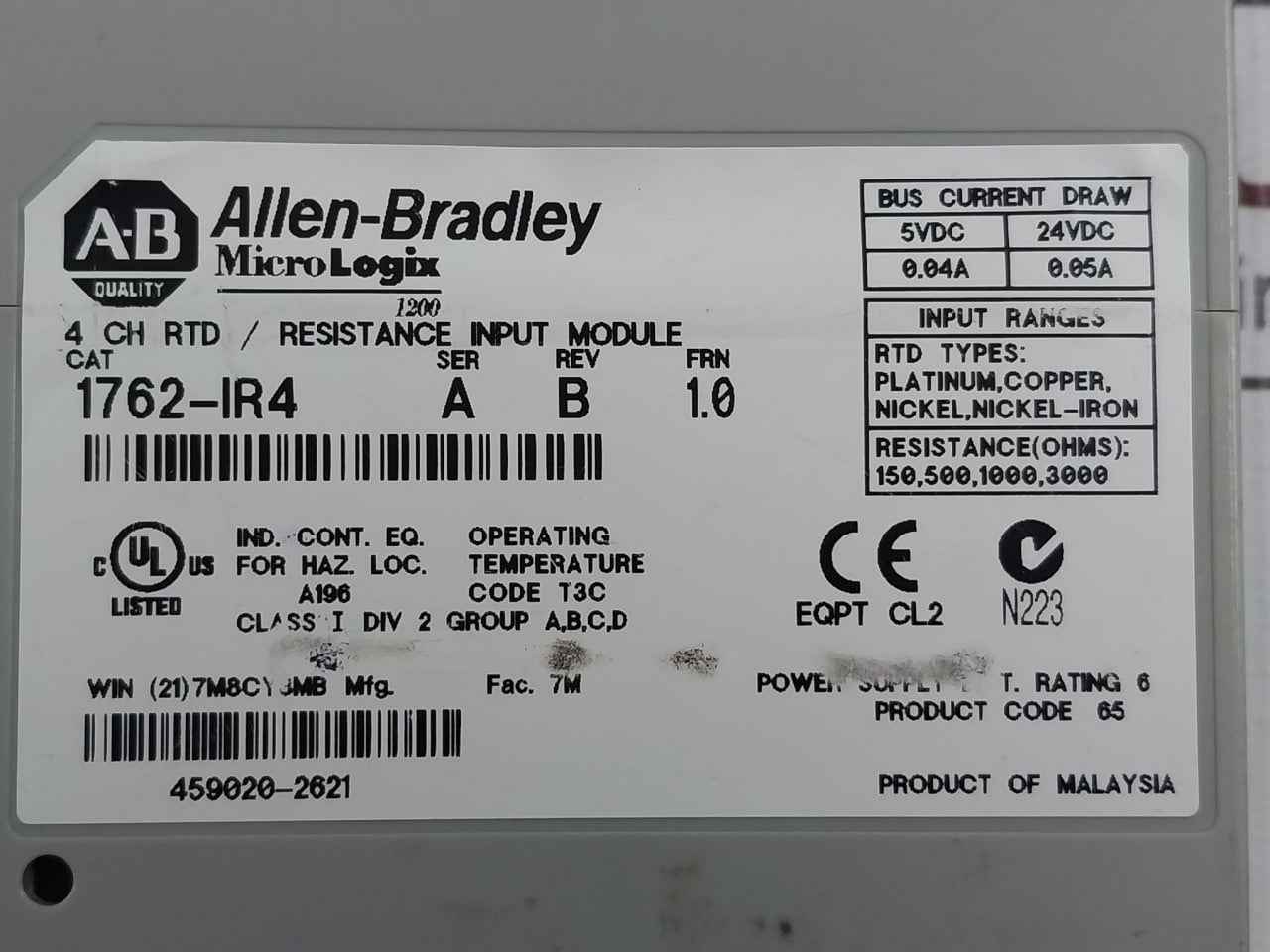 Allen-bradley 1762-ir4 Resistance Input Module Micrologix 1200 Rev B - Image 6