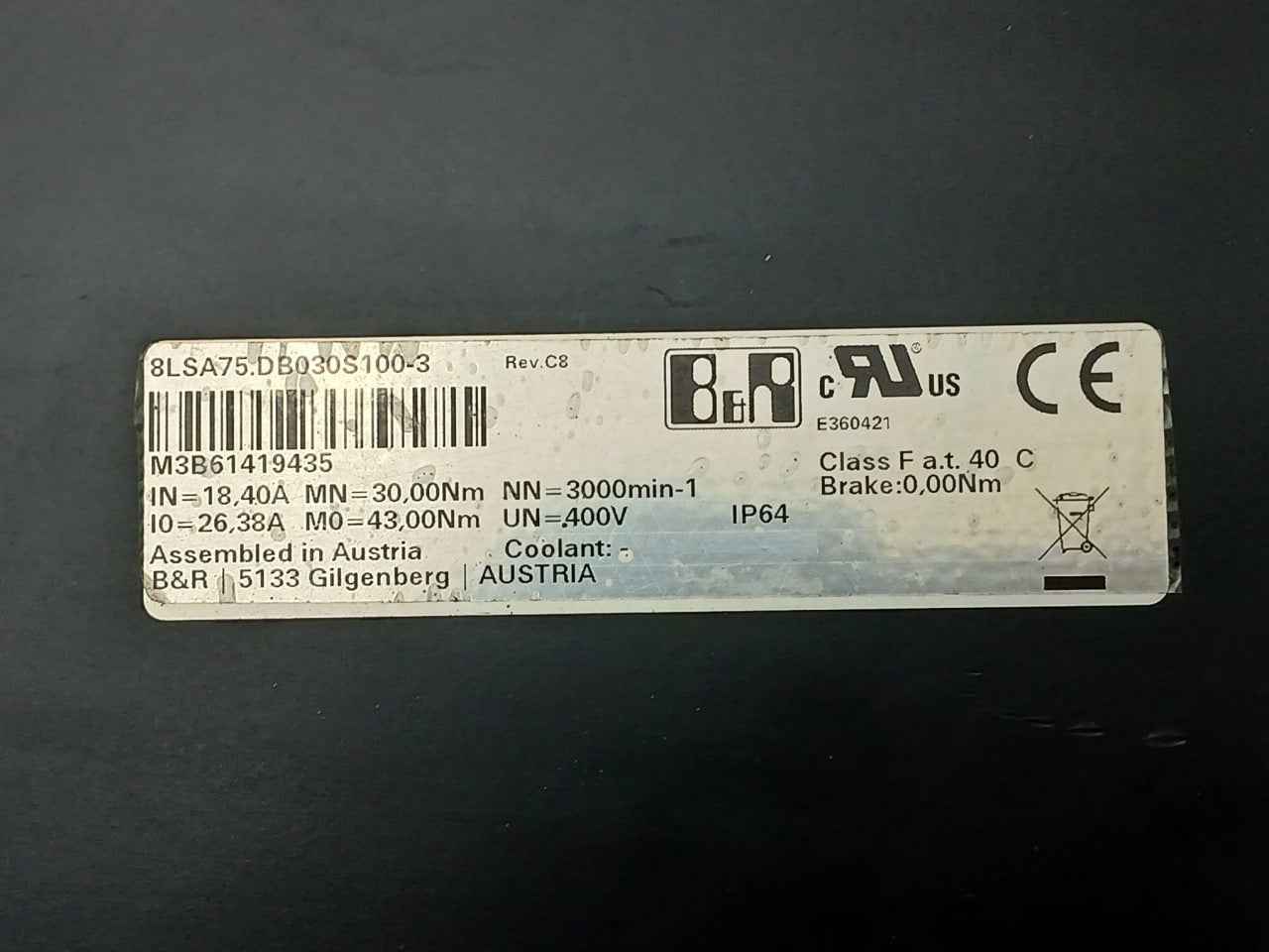 B&R 8Lsa75.Db030S100-3 Synchronous Motor Rev C8 400V E360421 - Image 9