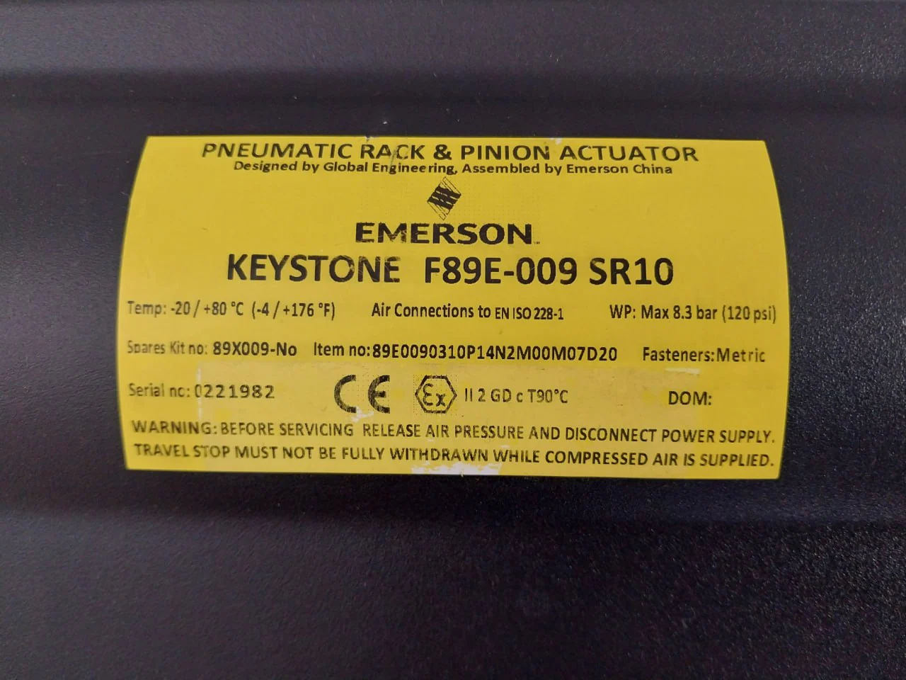Emerson F89E-009 Sr10 Pneumatic Rack And Pinion Actuator 8.3 Bar (120 Psi) 230V - Image 6