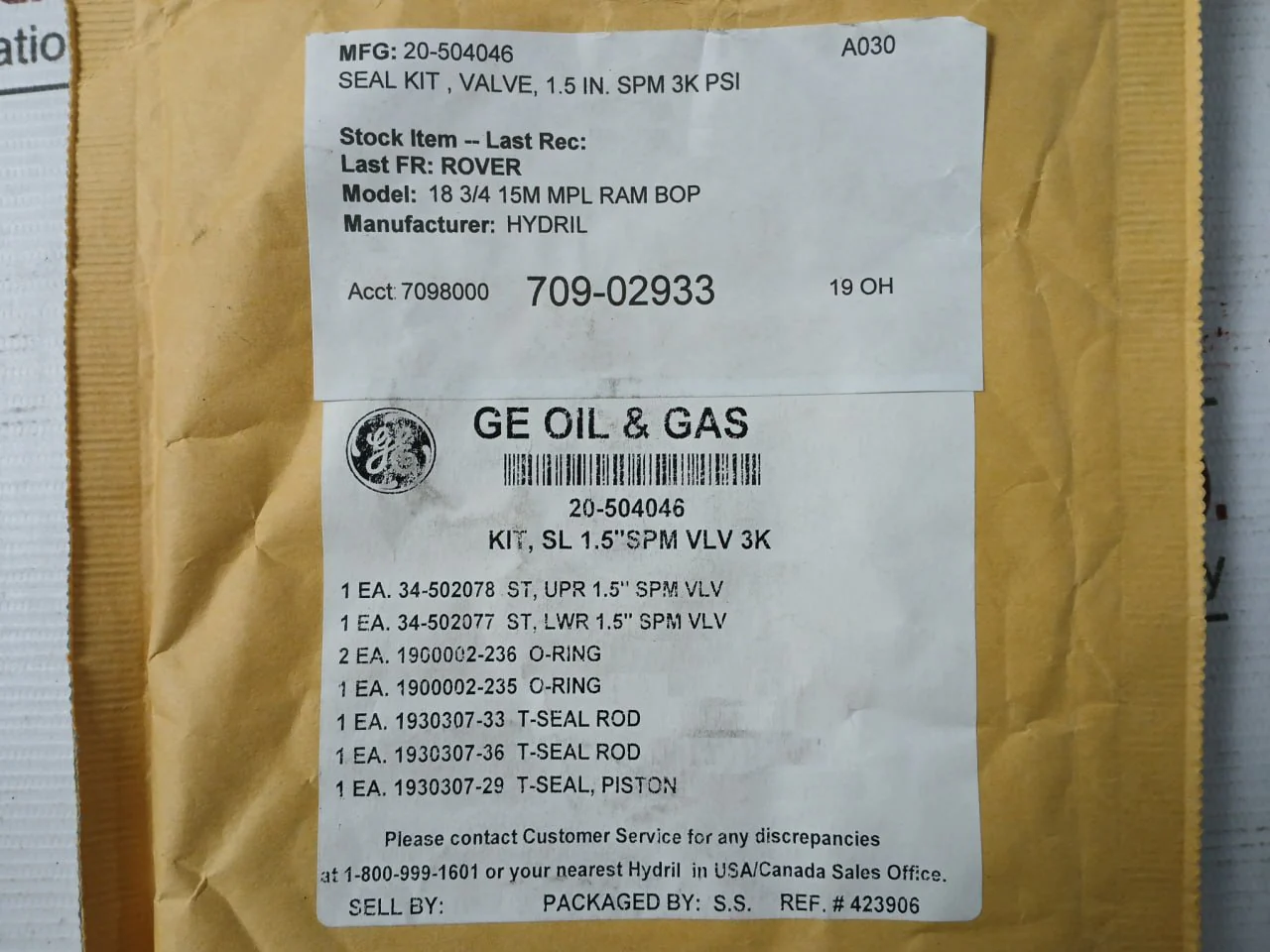Hydril 20-504046 Seal Kit For Spm Valve A030 1-1/2" 3K/5Ksi Rev.A - Image 9