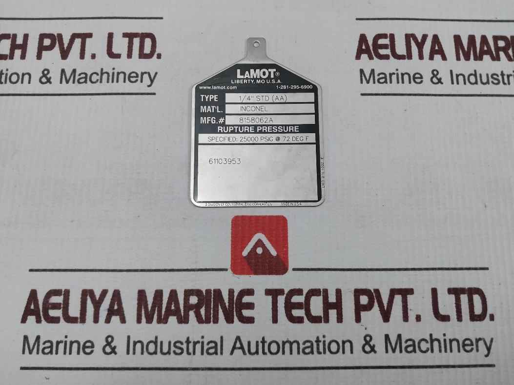 Lamot 1/4” Std (Aa) Rupture Pressure Disc 25000 Psig At 72 Deg F - Image 2