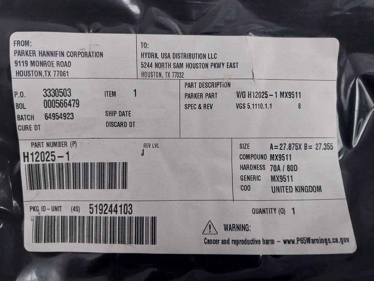 Parker H12025-1 Seal Ring 18-15M, Rev Lvl: J Dimensions: A=27.875X B=27.355 - Image 7