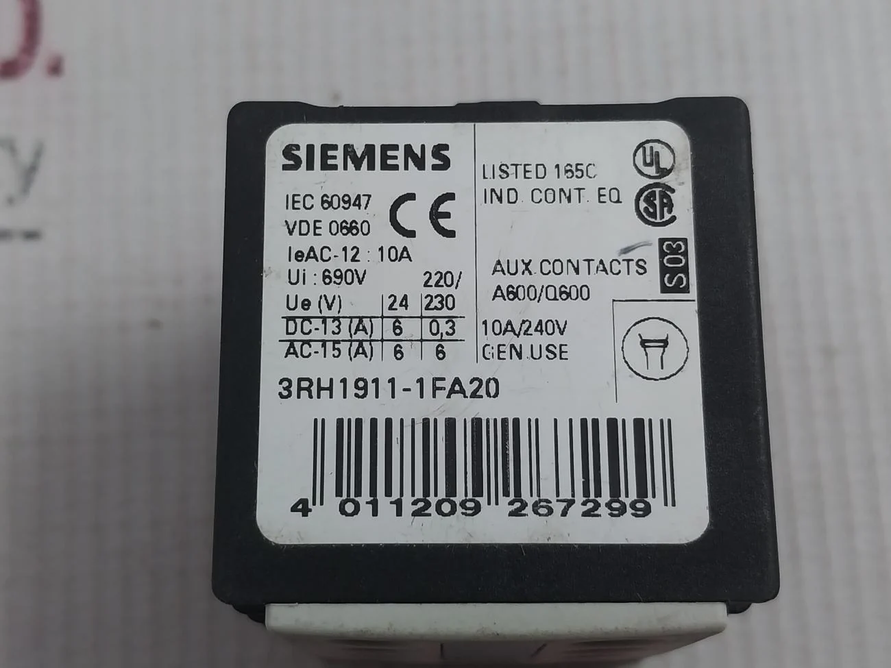 Siemens 3Rh1911-1Fa20 Auxiliary Contact Block 690V - Image 4