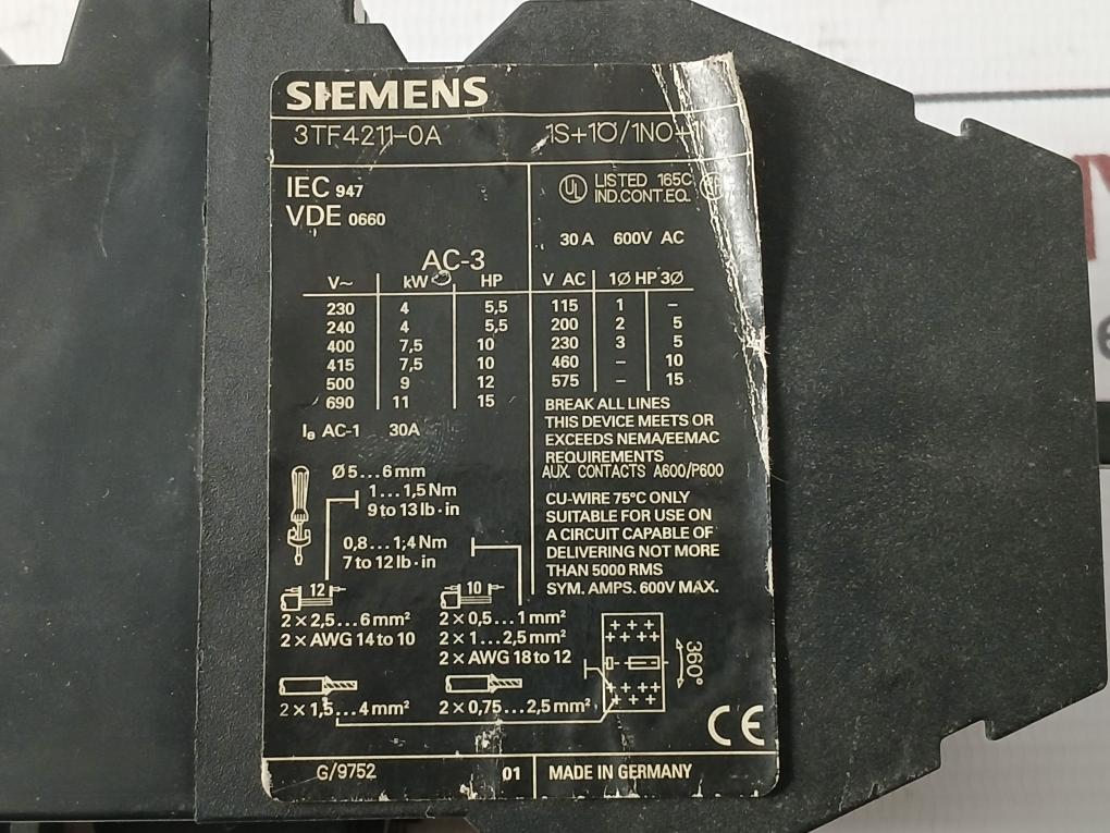 Siemens 3Tf4211-0A Power Contactor Ie Ac-1 30A 30A 600V Ac G/9752 Ac-3 - Image 9