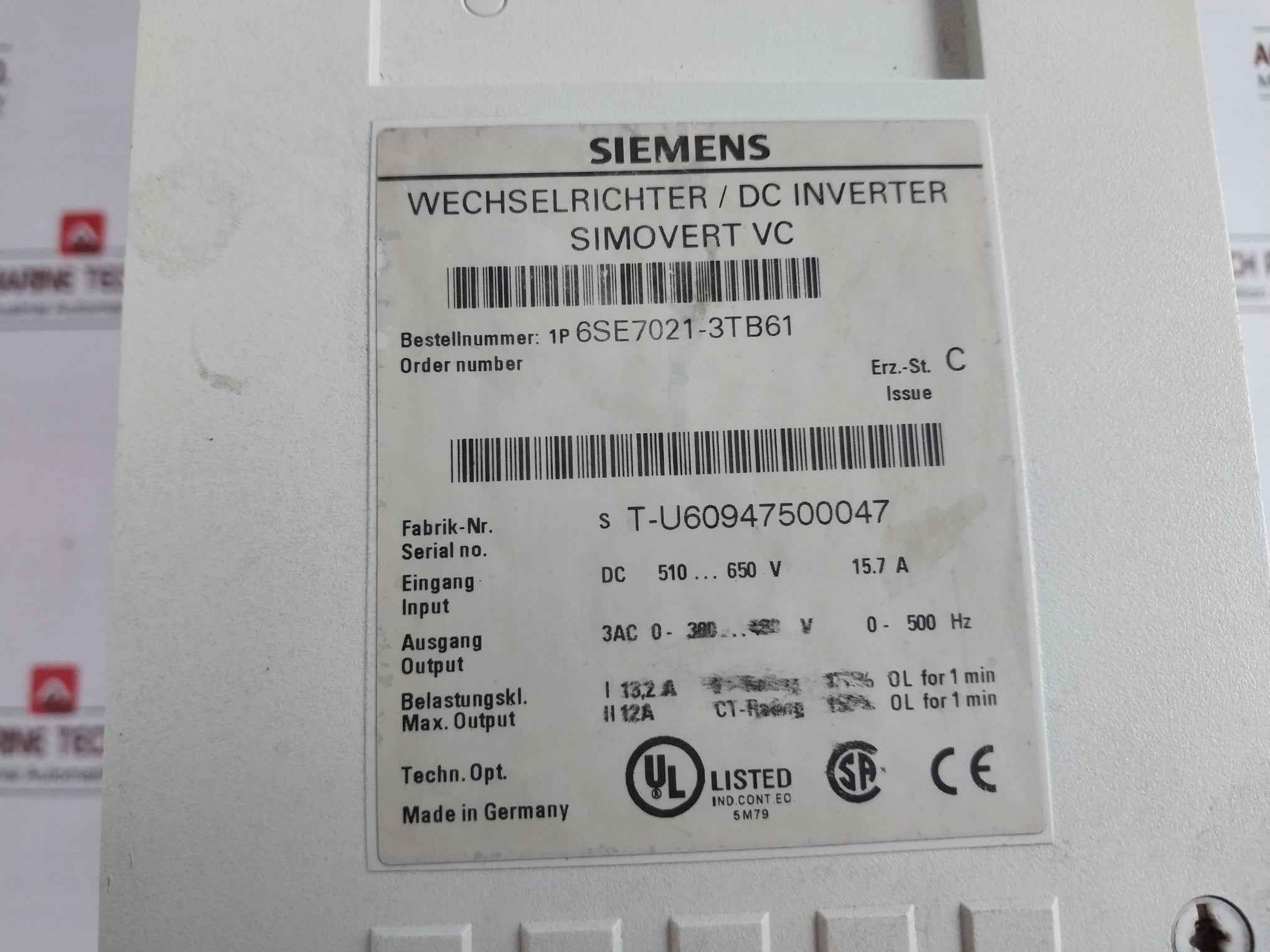 Siemens 6Se7021-3Tb61 Simovert Vc Dc Inverter Masterdrive Issue C (Not Working) - Image 7
