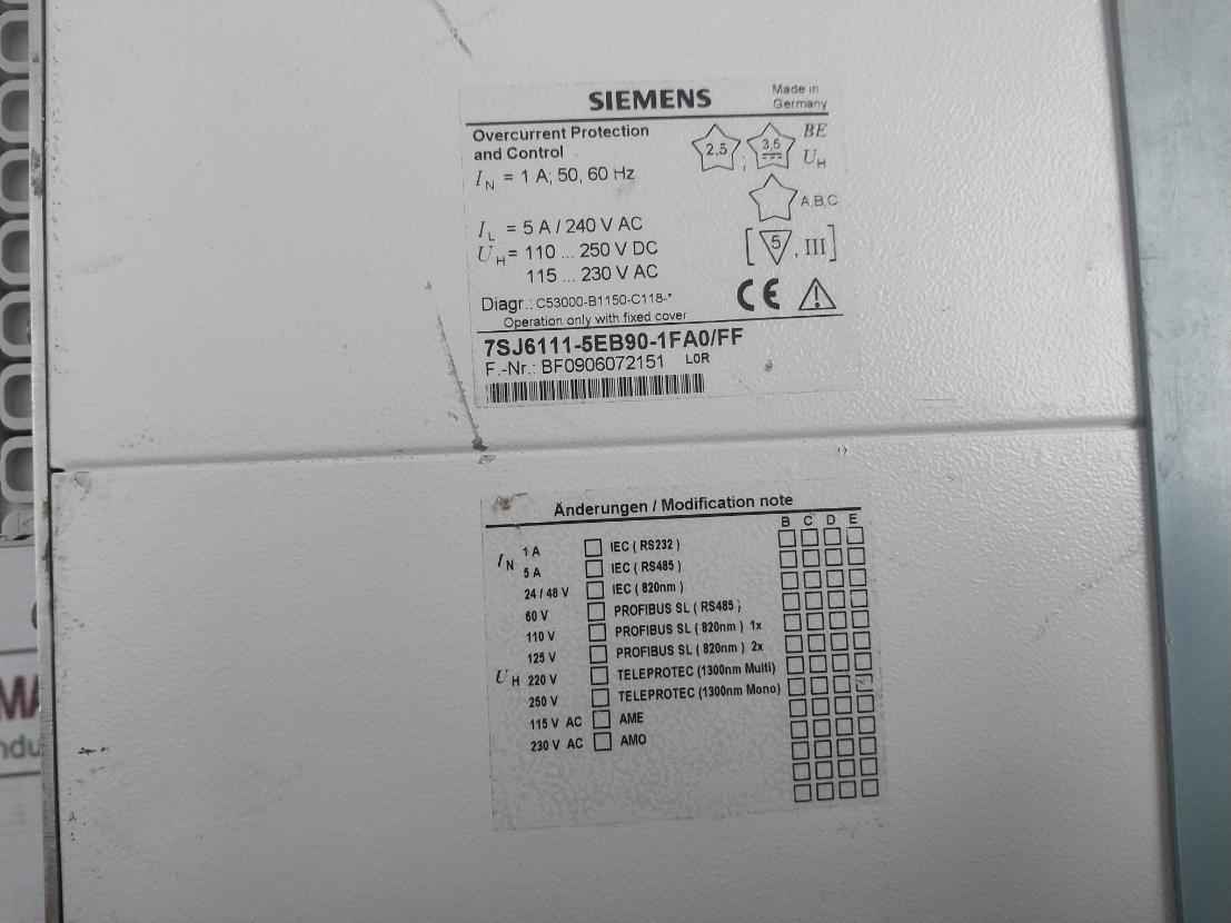Siemens 7Sj6111-5Eb90-1Fa0/Ff Siprotec Overcurrent Protection And Control Relay - Image 7