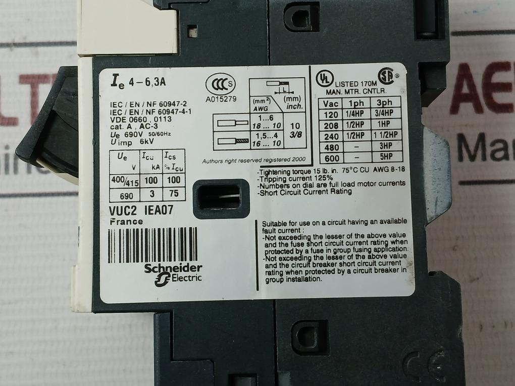 Telemecanique Gv2Me103 Motor Circuit Breaker 50/60Hz Ie 4-6,3A Uimp 6Kv - Image 9