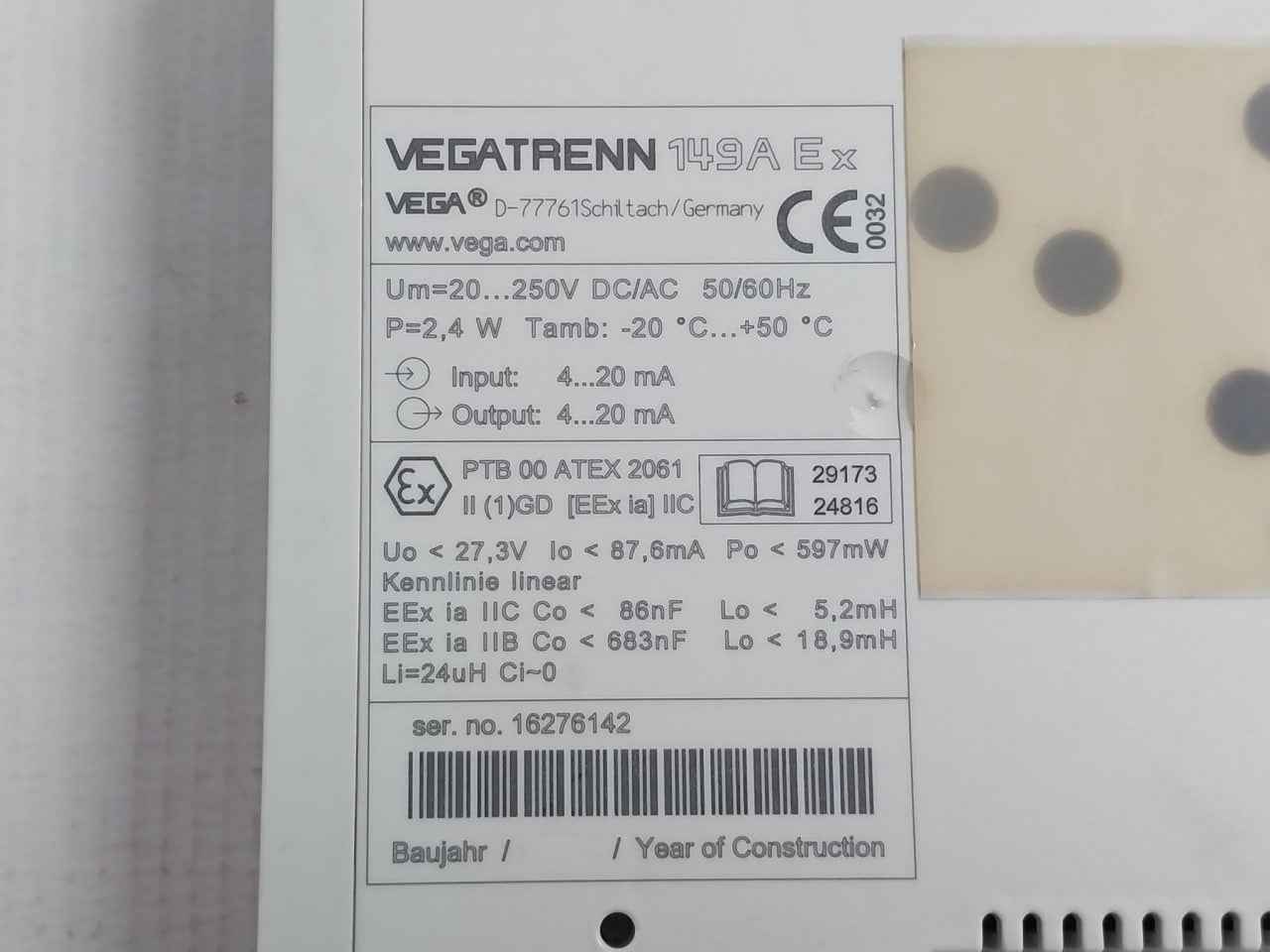 Vegatrenn 149a Ex Channel Separator 20-250v Dc/ac 50/60hz 4-20ma 2.4w - Image 5